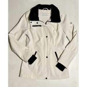 Jessica Simpson Womens Jacket Size Small White Zip Up Black Faux Fur Trim